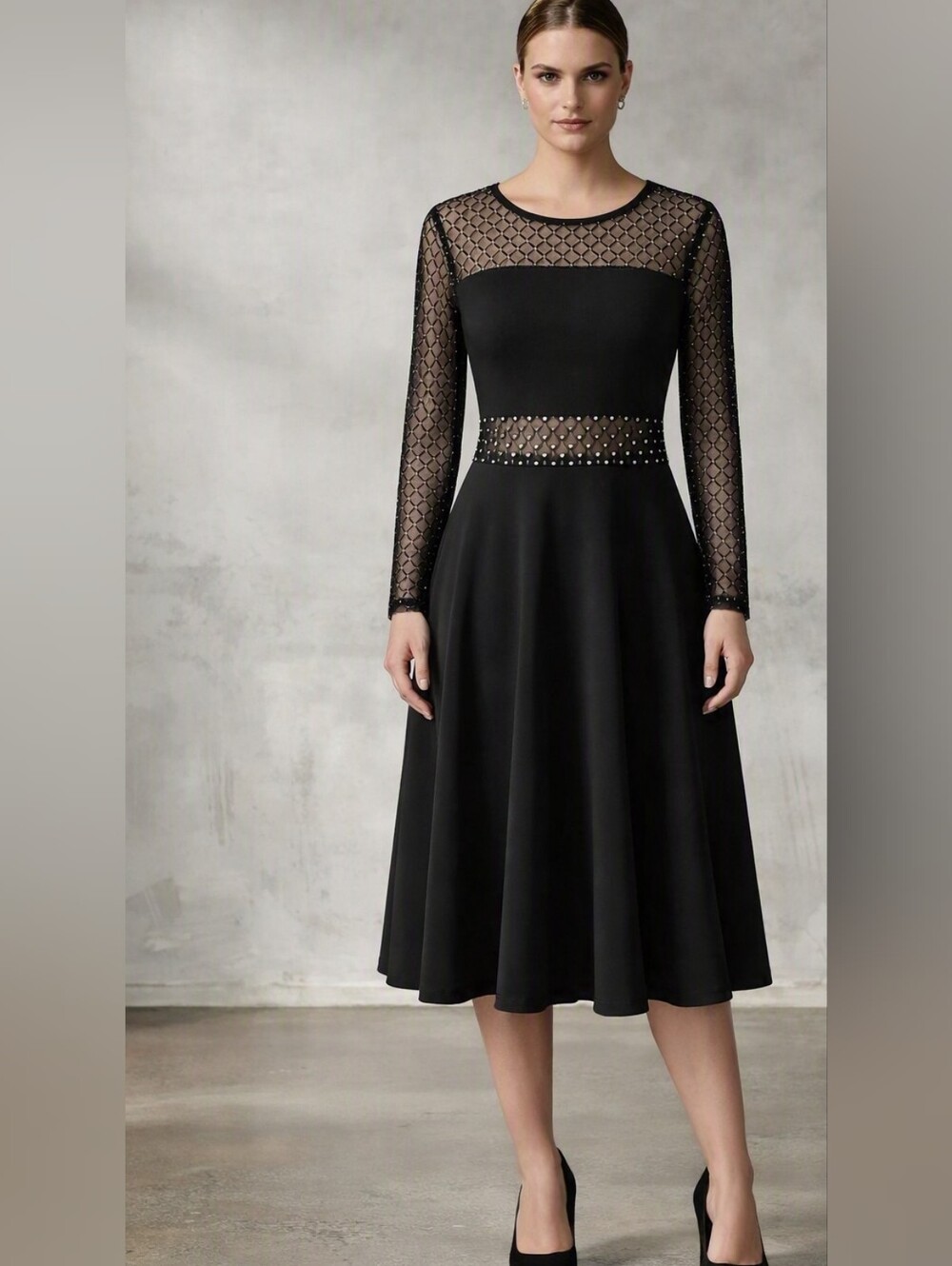 Shein Black Mesh Rhinestone Long Sleeve Midi Dress Size 1X